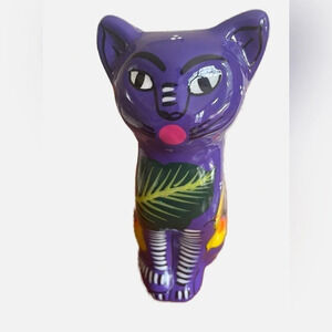 Vintage Talavera Terra Cotta Cat Figurine Hand-painted Bank Mexico Folk Art